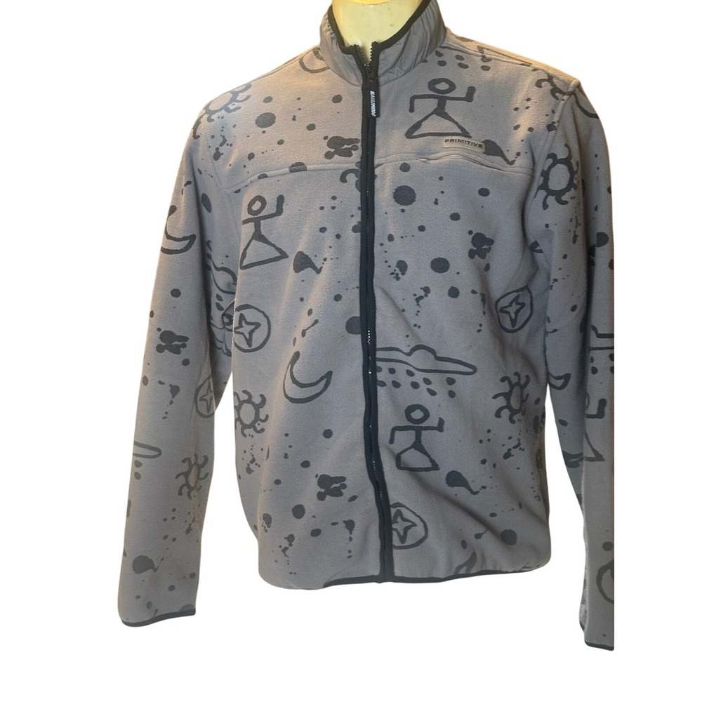 Primitive Skateboarding Mens Large Grey Celestial Tribal Print Full Zip Fleece